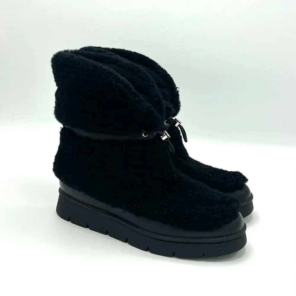 Marc Fisher Kamryn Black Genuine Shearling Platform Booties Size 6 Après Ski